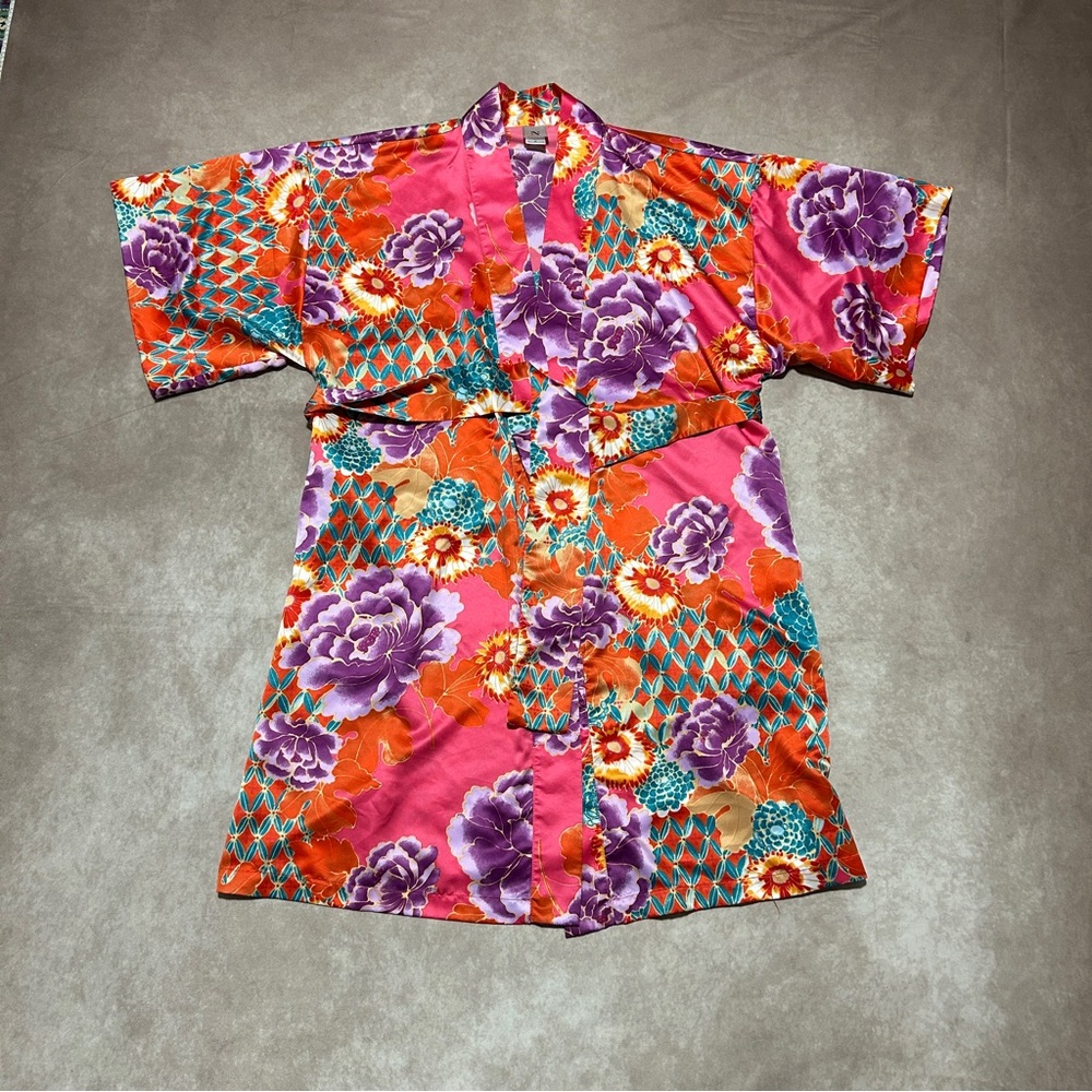 Natori Vibrant Pink Purple Orange Floral Kimono Style Robe Belted Medium